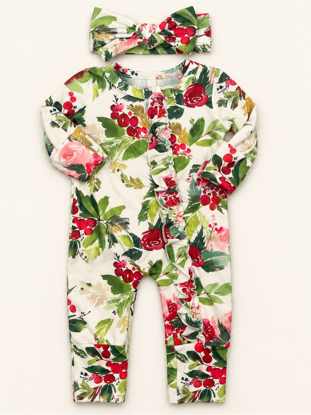 Floral Ruffle One-Piece with Headband - White & Green